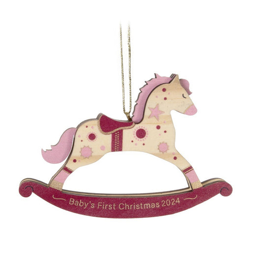 Baby Girl's First Christmas Rocking Horse Wood Hallmark Keepsake Ornament