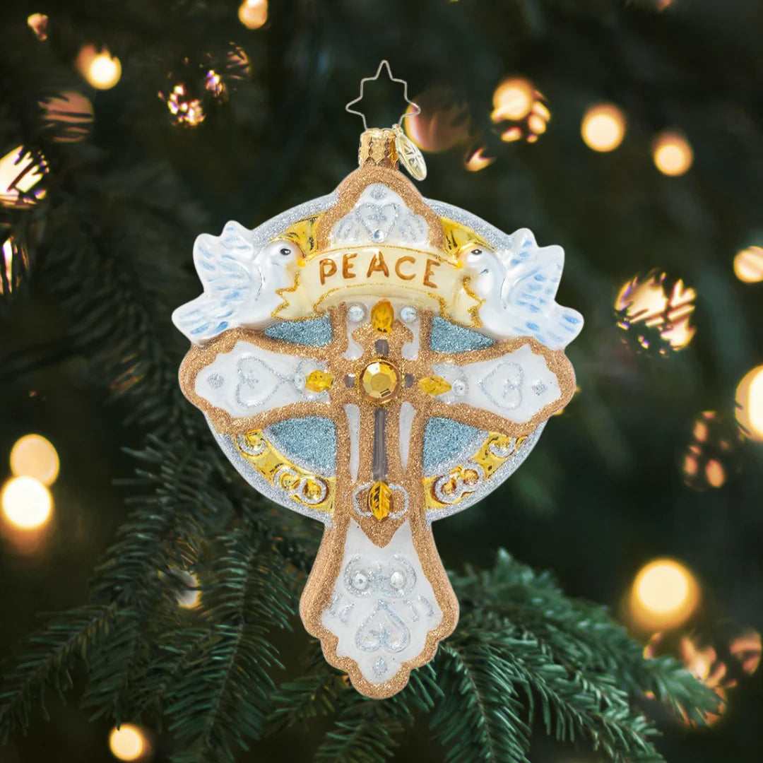 Christopher Radko Golden Cross Of Peace Glass Christmas Ornament