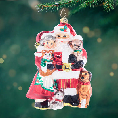 Christopher Radko Holiday Paws with Mr. & Mrs. Claus Glass Christmas Ornament