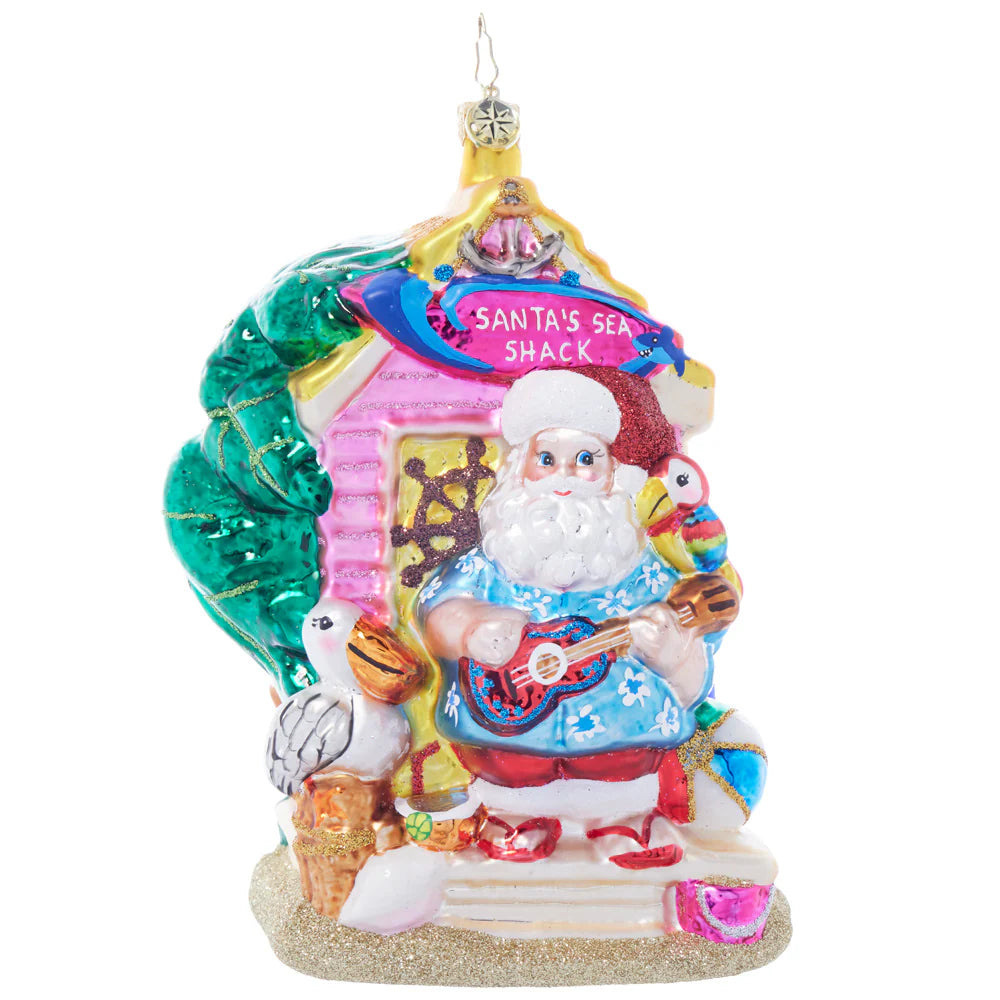 Christopher Radko Santa's Seaside Shack Glass Christmas Ornament