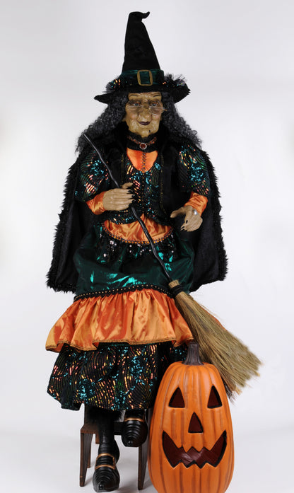 Karen Didion Halloween 6 foot Sitting Witch w/ Lighted Pumpkin