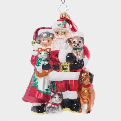 Christopher Radko Holiday Paws with Mr. & Mrs. Claus Glass Christmas Ornament